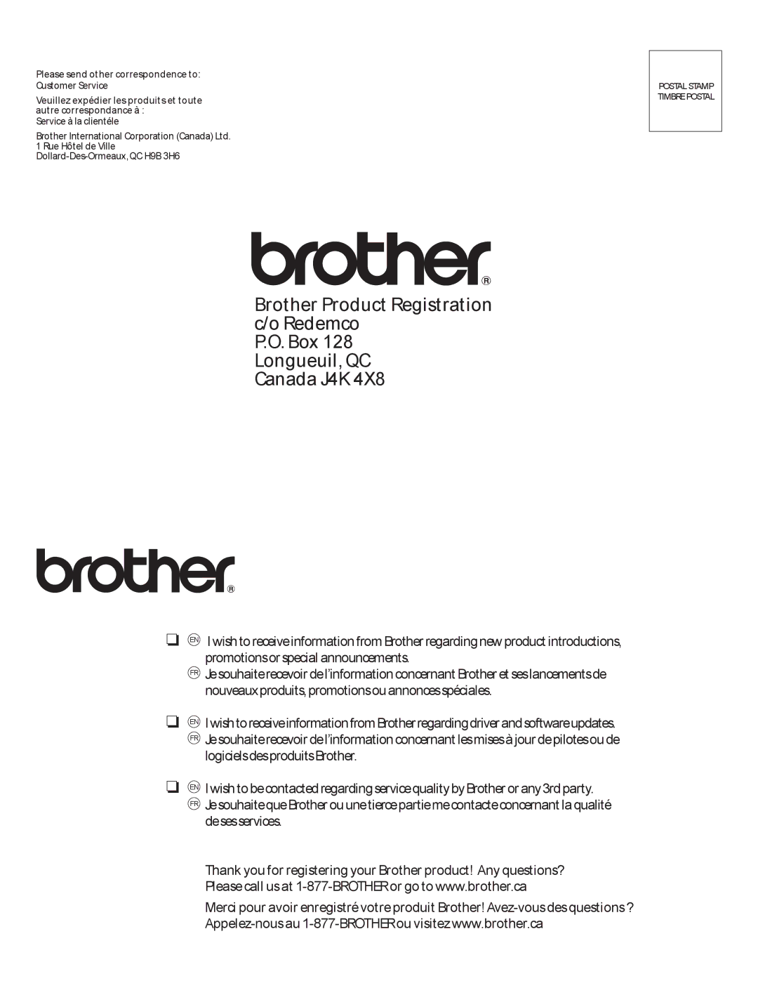 Brother 600 manual Brother Product Registration c/o Redemco 