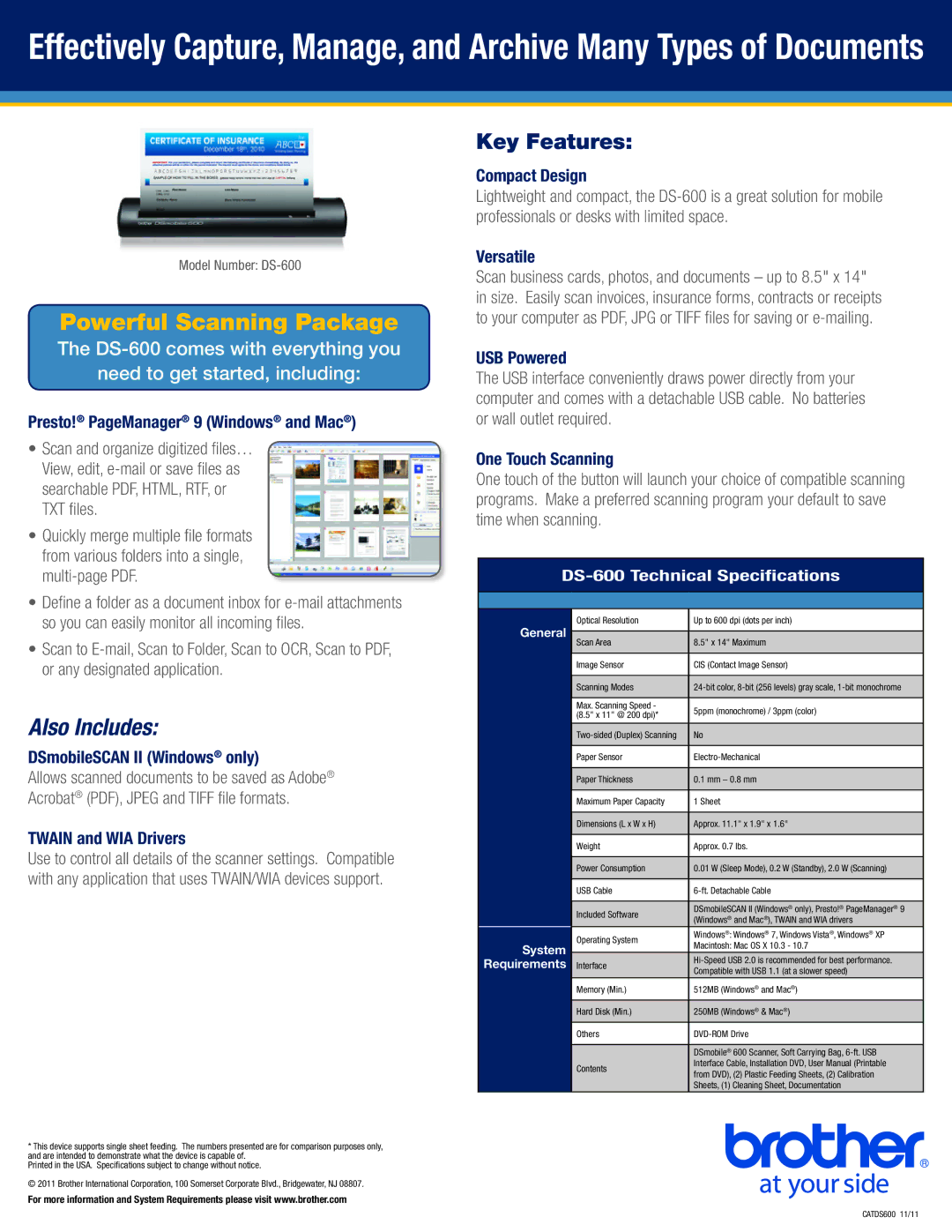 Brother 600 manual Presto! PageManager 9 Windows and Mac, Compact Design, Versatile USB Powered, One Touch Scanning 