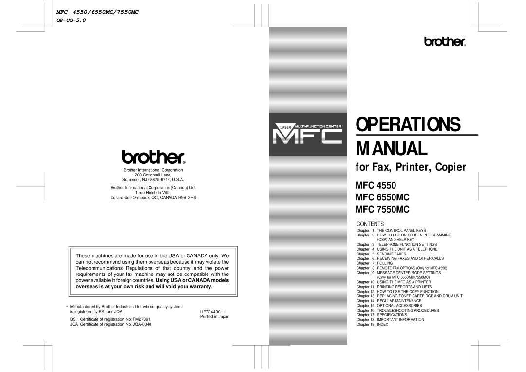 Brother warranty Operations Manual, MFC 4550/6550MC/7550MC OP-US-5.0 