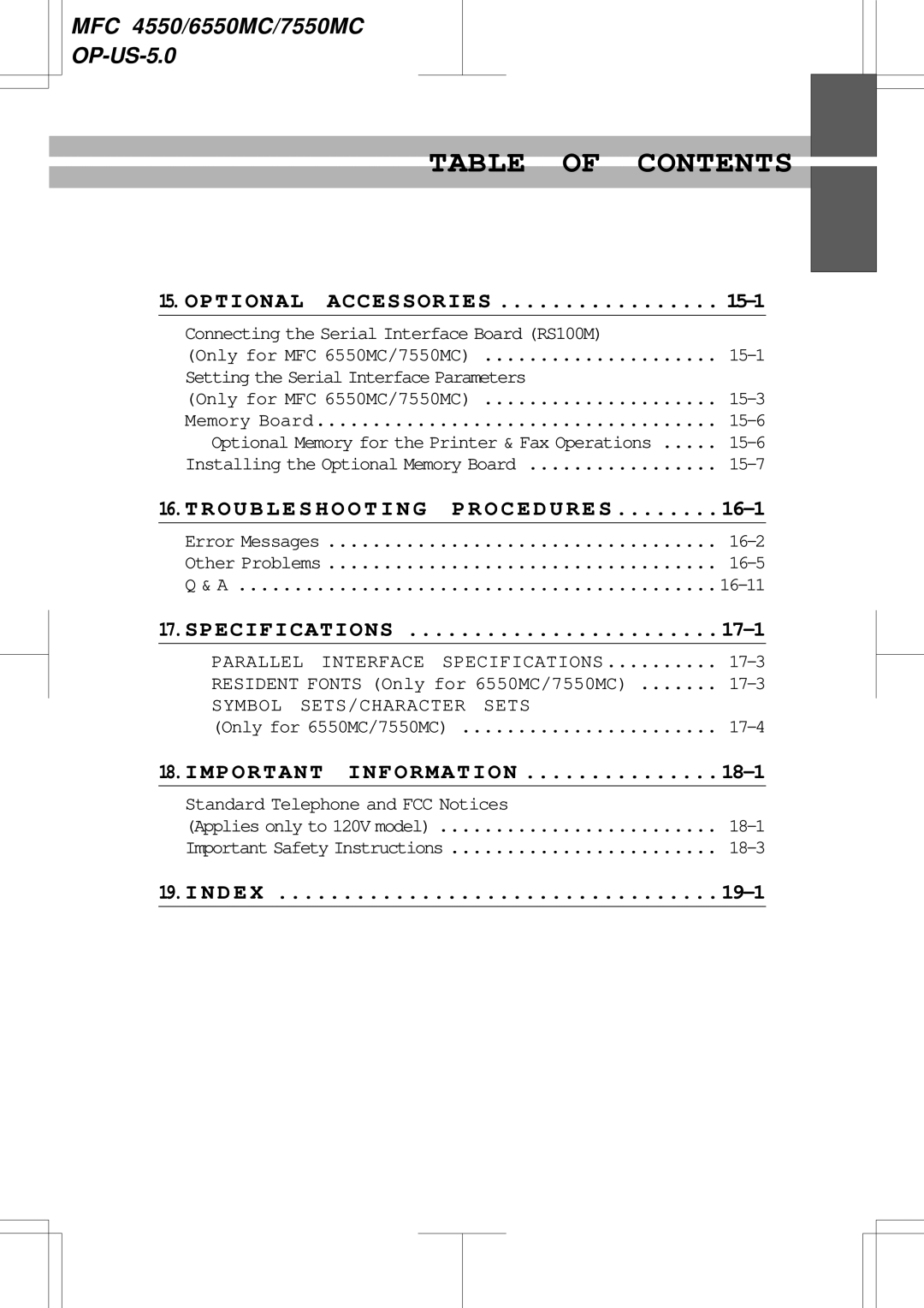 Brother 6550MC, 7550MC warranty 15-1, Parallel Interface Specifications 