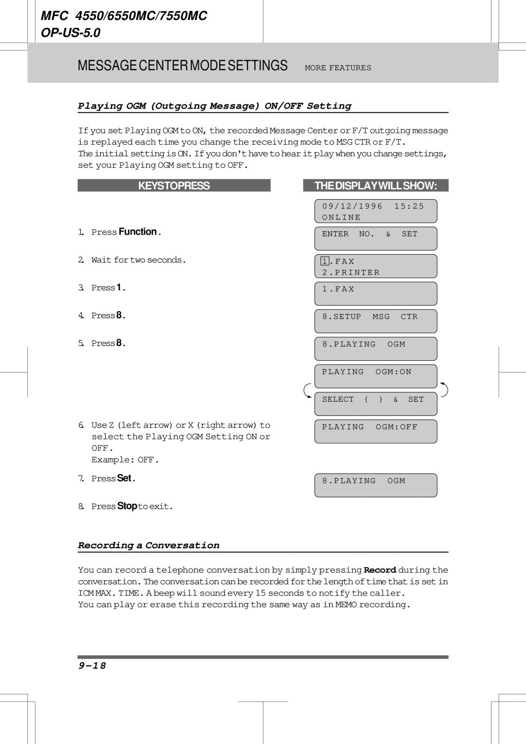 Brother 6550MC, 7550MC warranty Playing OGM Outgoing Message ON/OFF Setting, Recording a Conversation 