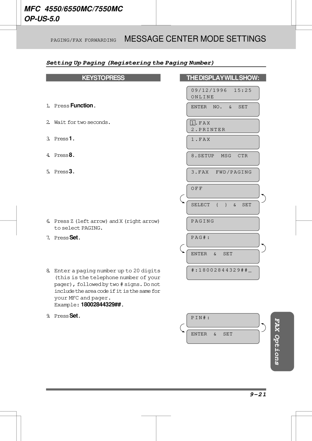 Brother 7550MC, 6550MC warranty PAGING/FAX Forwarding Message Center Mode Settings, To select Paging Press Set 