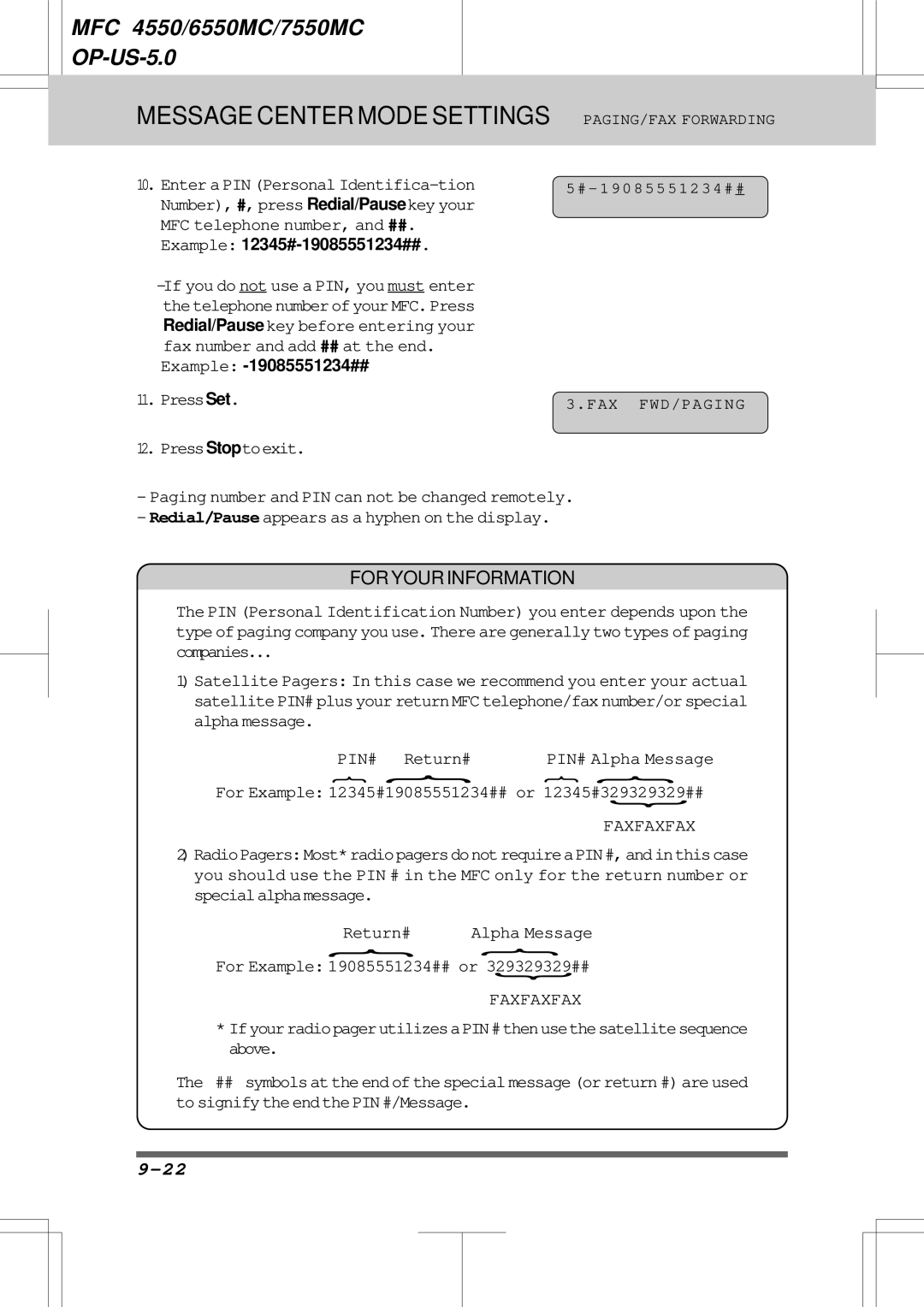 Brother 6550MC, 7550MC warranty PIN# Alpha Message, # 1 9 0 8 5 5 5 1 2 3 4 # # 