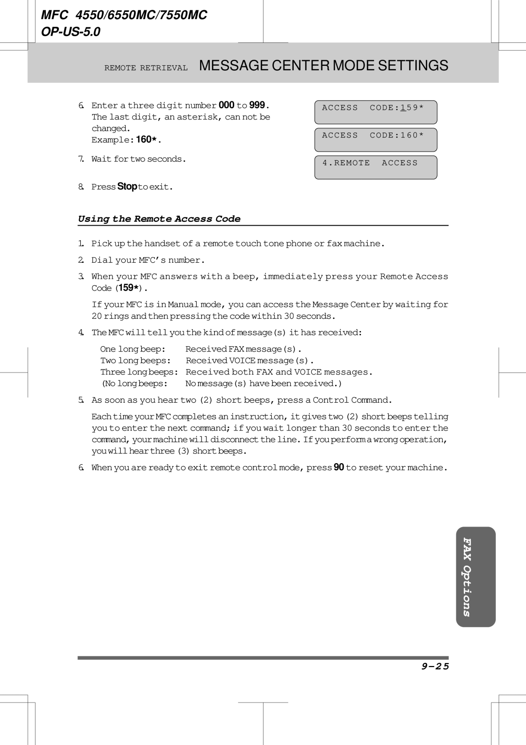 Brother 7550MC Remote Retrieval Message Center Mode Settings, Using the Remote Access Code, Received Voice messages 