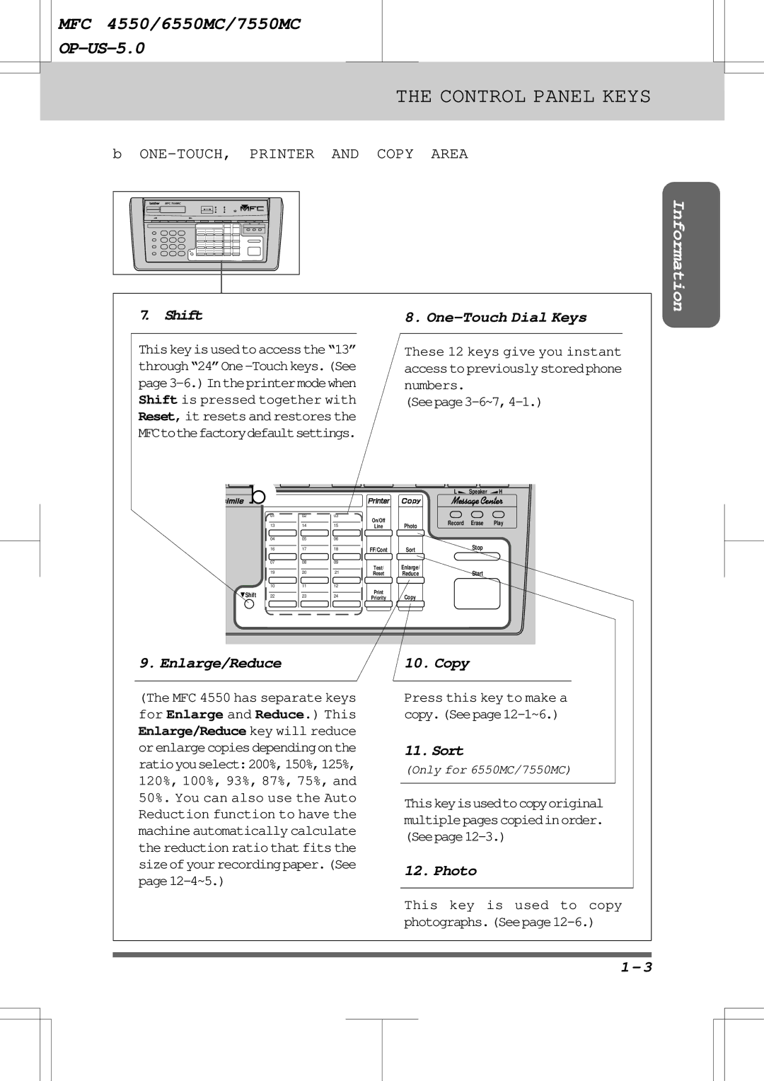 Brother 7550MC, 6550MC warranty Shift One-Touch Dial Keys, Enlarge/Reduce, Copy, Sort, Photo 