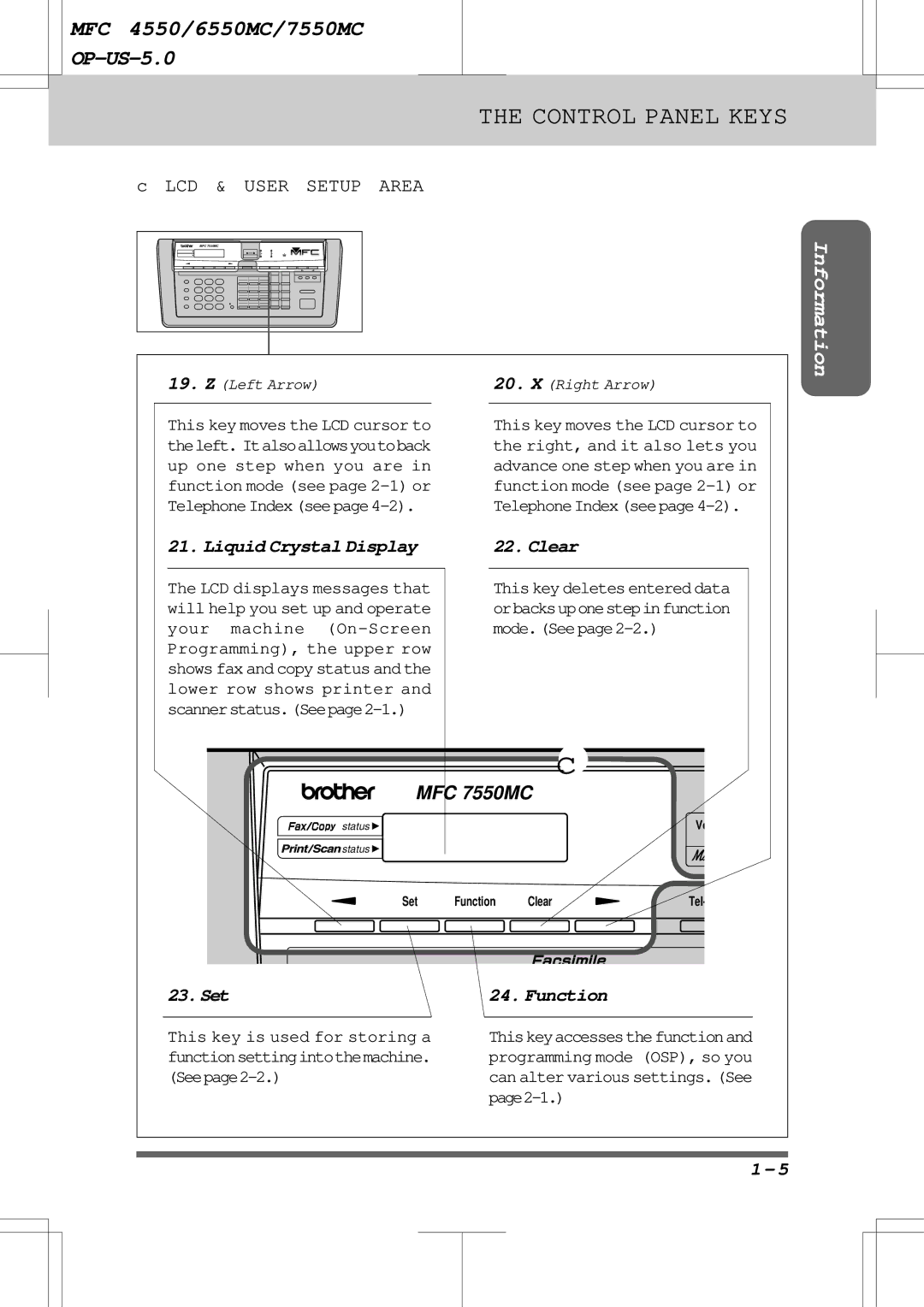 Brother 7550MC, 6550MC warranty Liquid Crystal Display, Clear, Set Function, Seepage2-2, Page2-1 