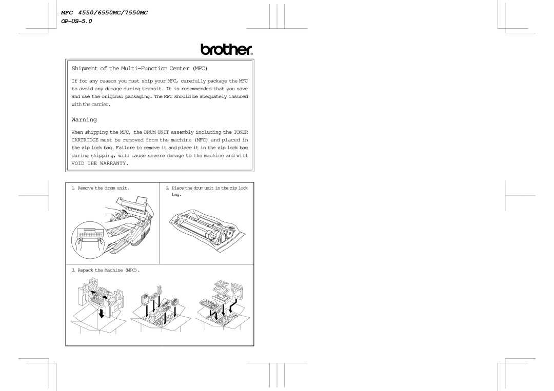 Brother 6550MC, 7550MC warranty Shipment of the Multi-Function Center MFC 