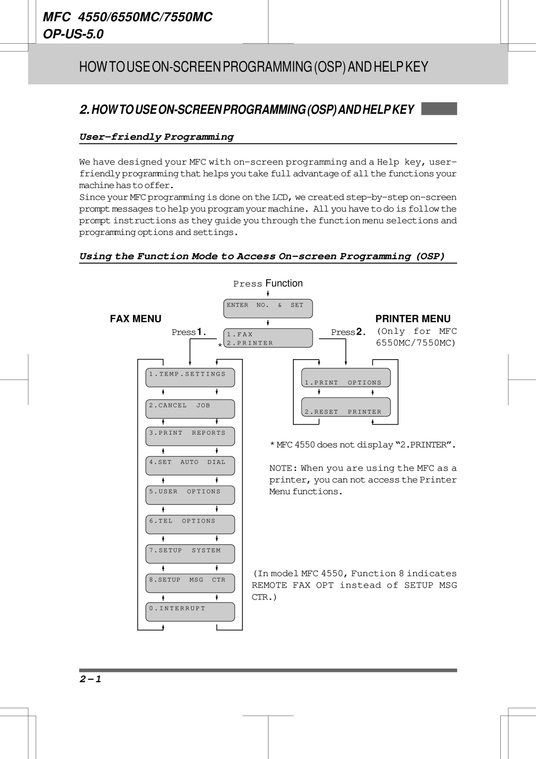 Brother 6550MC, 7550MC HOW to USE ON-SCREEN Programming OSP and Help KEY, User-friendly Programming, Press 2. Only for MFC 