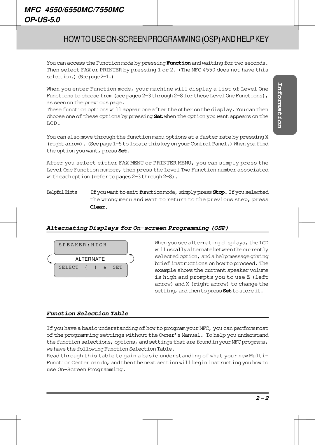 Brother 7550MC Alternating Displays for On-screen Programming OSP, Function Selection Table, Clear, E a K E R H I G H 