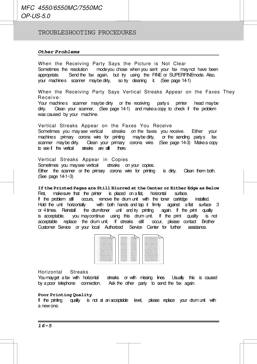 Brother 6550MC, 7550MC Other Problems, 16-5, Sometimes you may see vertical streaks on your copies, Poor Printing Quality 