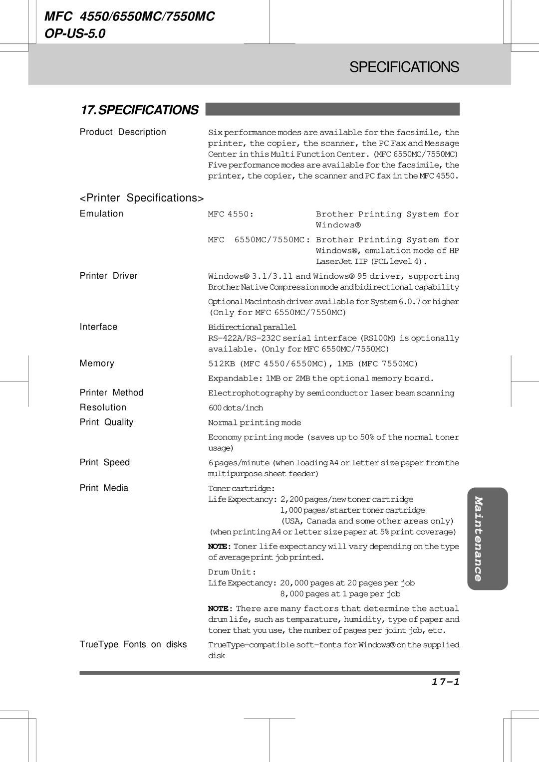 Brother 7550MC, 6550MC warranty Specifications, 17-1 