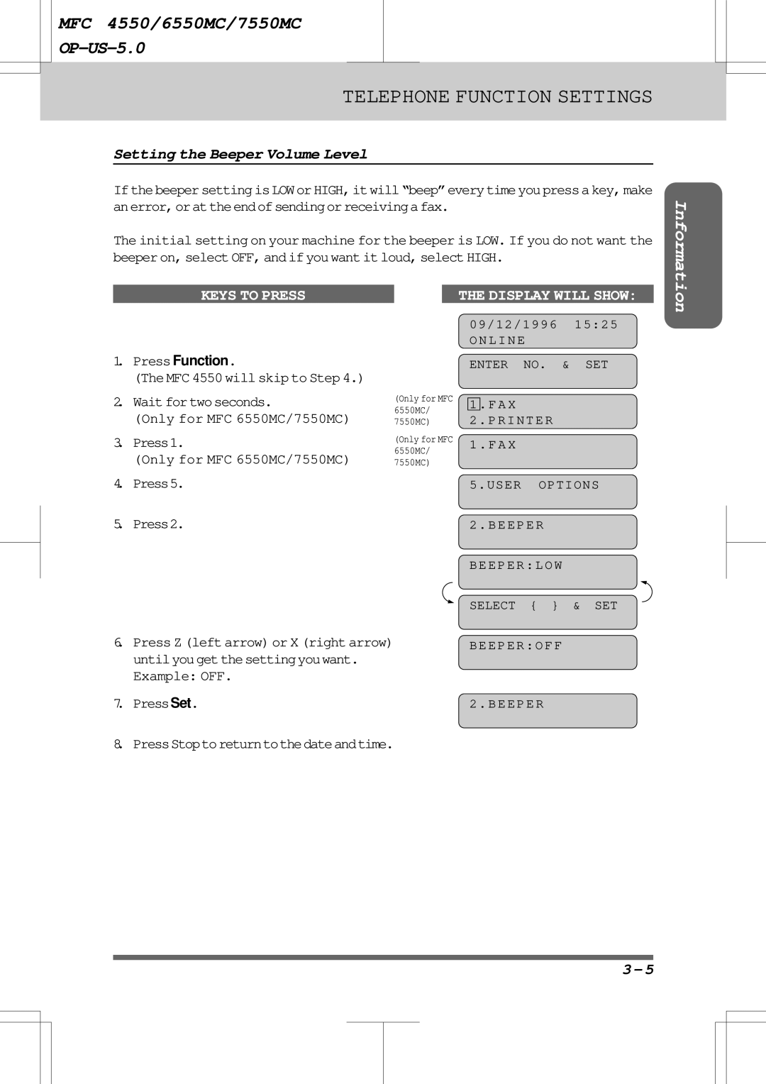 Brother 7550MC, 6550MC warranty Setting the Beeper Volume Level, Press5 Press2 