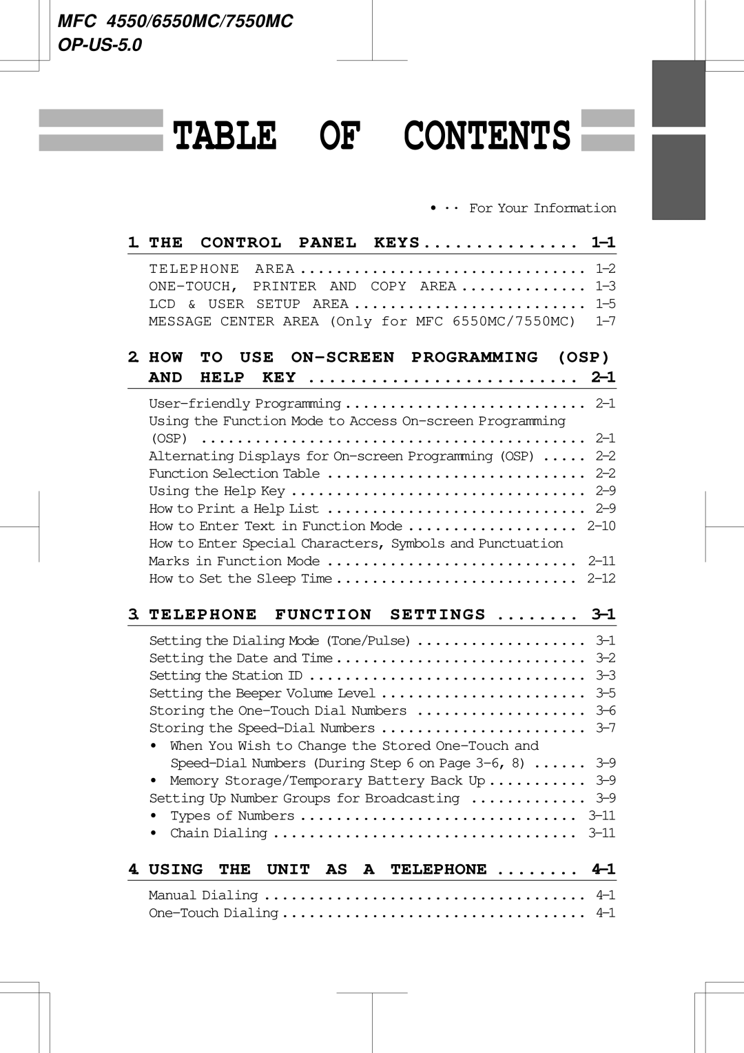 Brother 6550MC, 7550MC warranty Table of Contents 