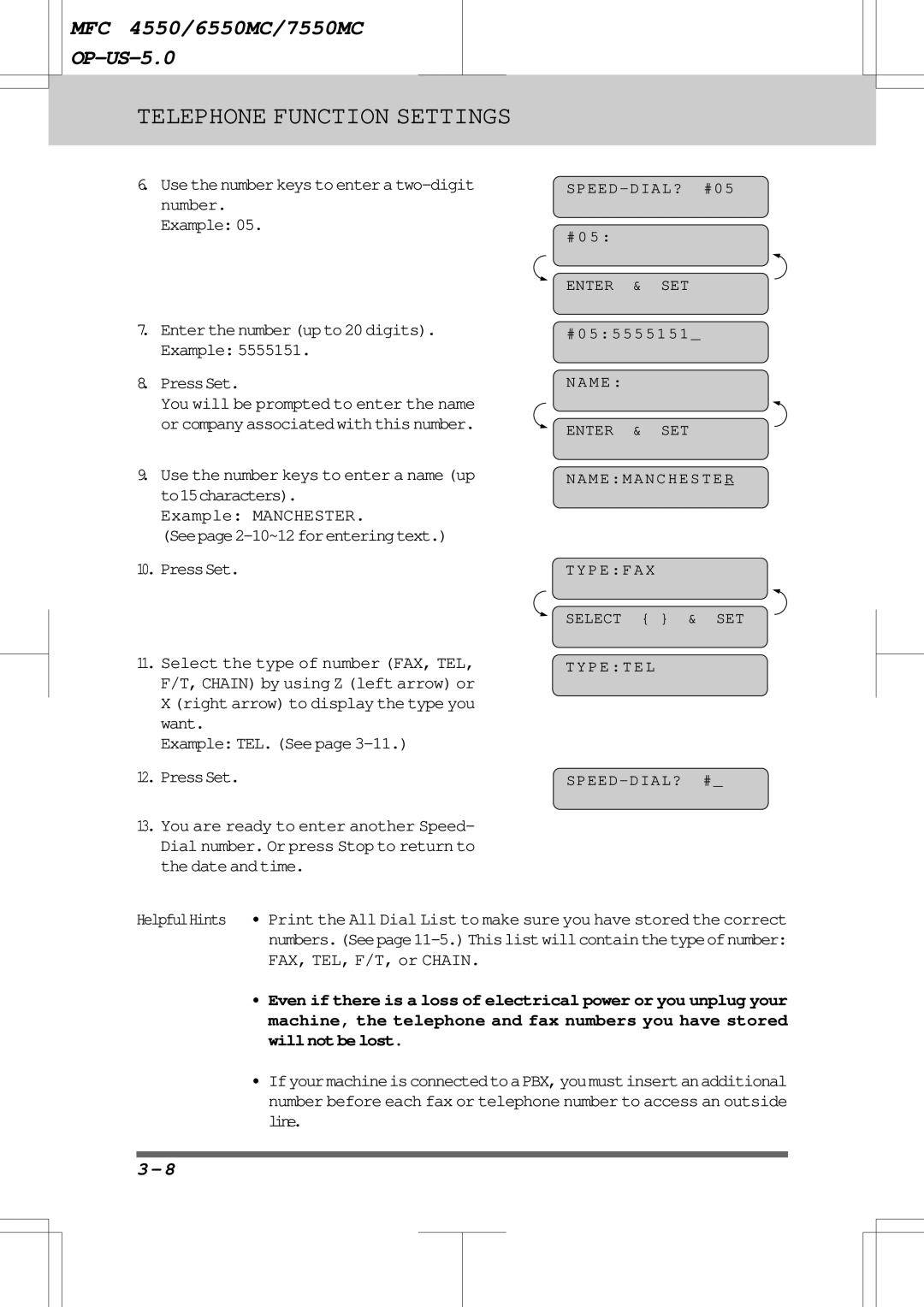 Brother 6550MC, 7550MC warranty Example TEL. See PressSet, # 0, #055555151 