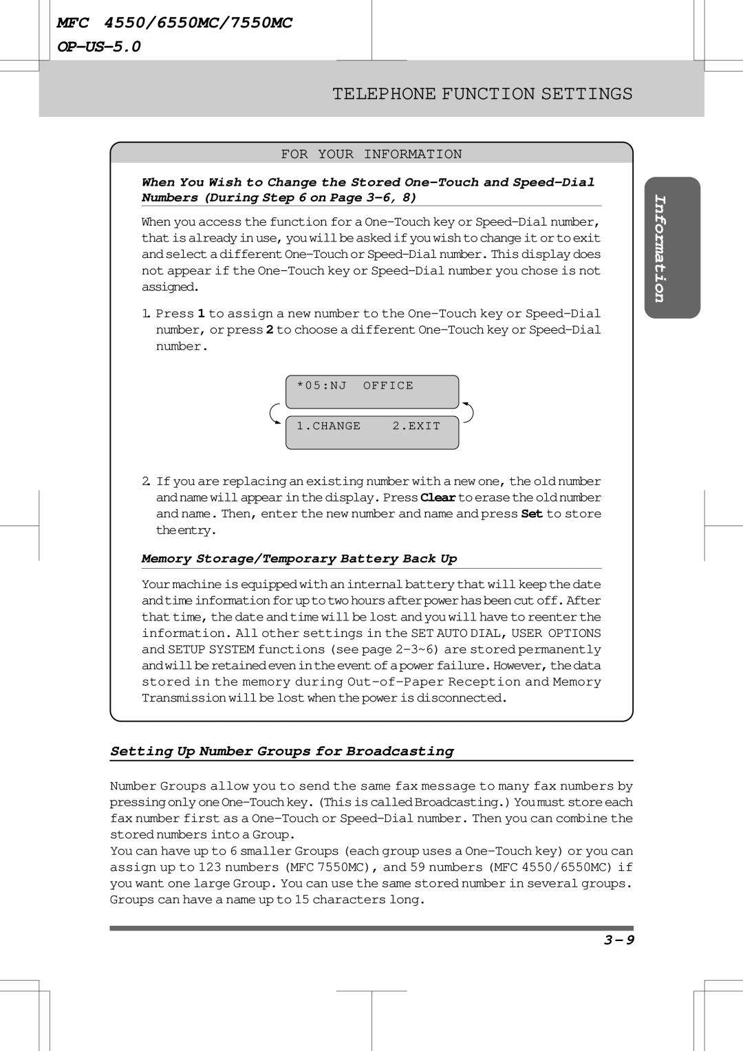 Brother 7550MC, 6550MC warranty Setting Up Number Groups for Broadcasting, Memory Storage/Temporary Battery Back Up 