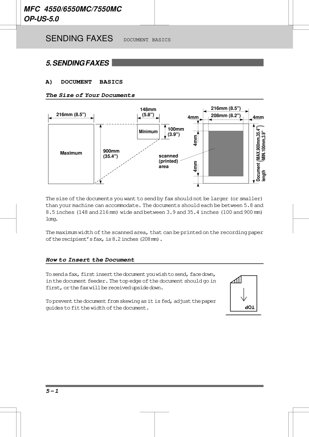 Brother 6550MC, 7550MC warranty Size of Your Documents, How to Insert the Document 