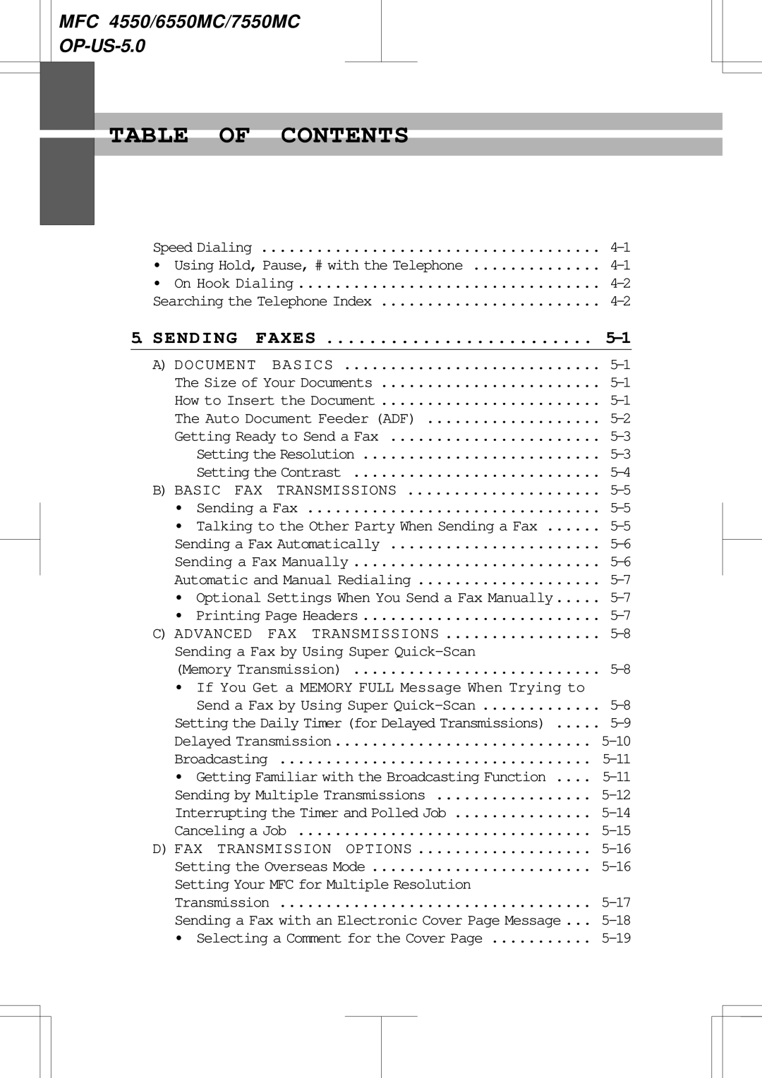 Brother 7550MC, 6550MC warranty Table of Contents 