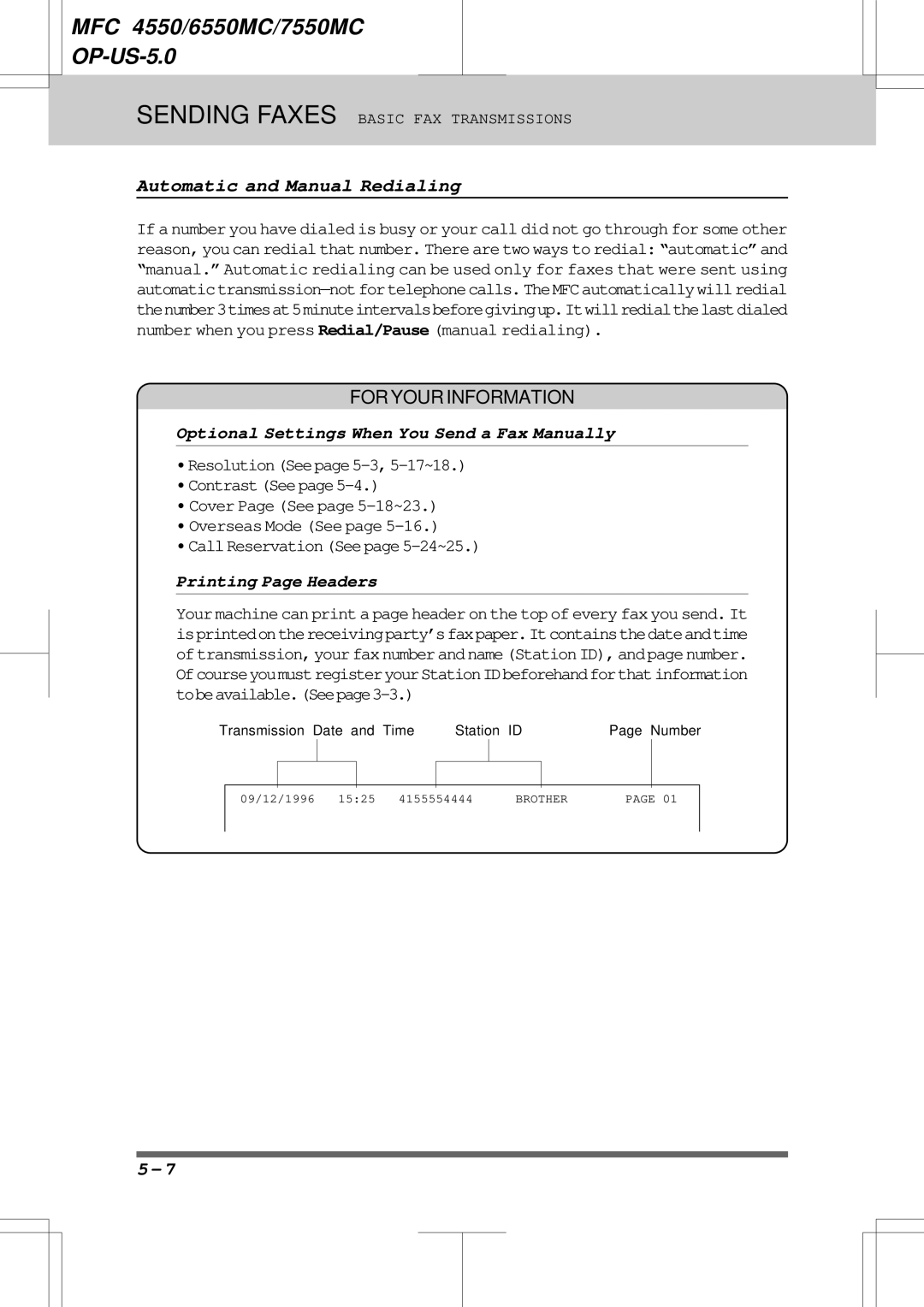 Brother 6550MC Automatic and Manual Redialing, Optional Settings When You Send a Fax Manually, Printing Page Headers 