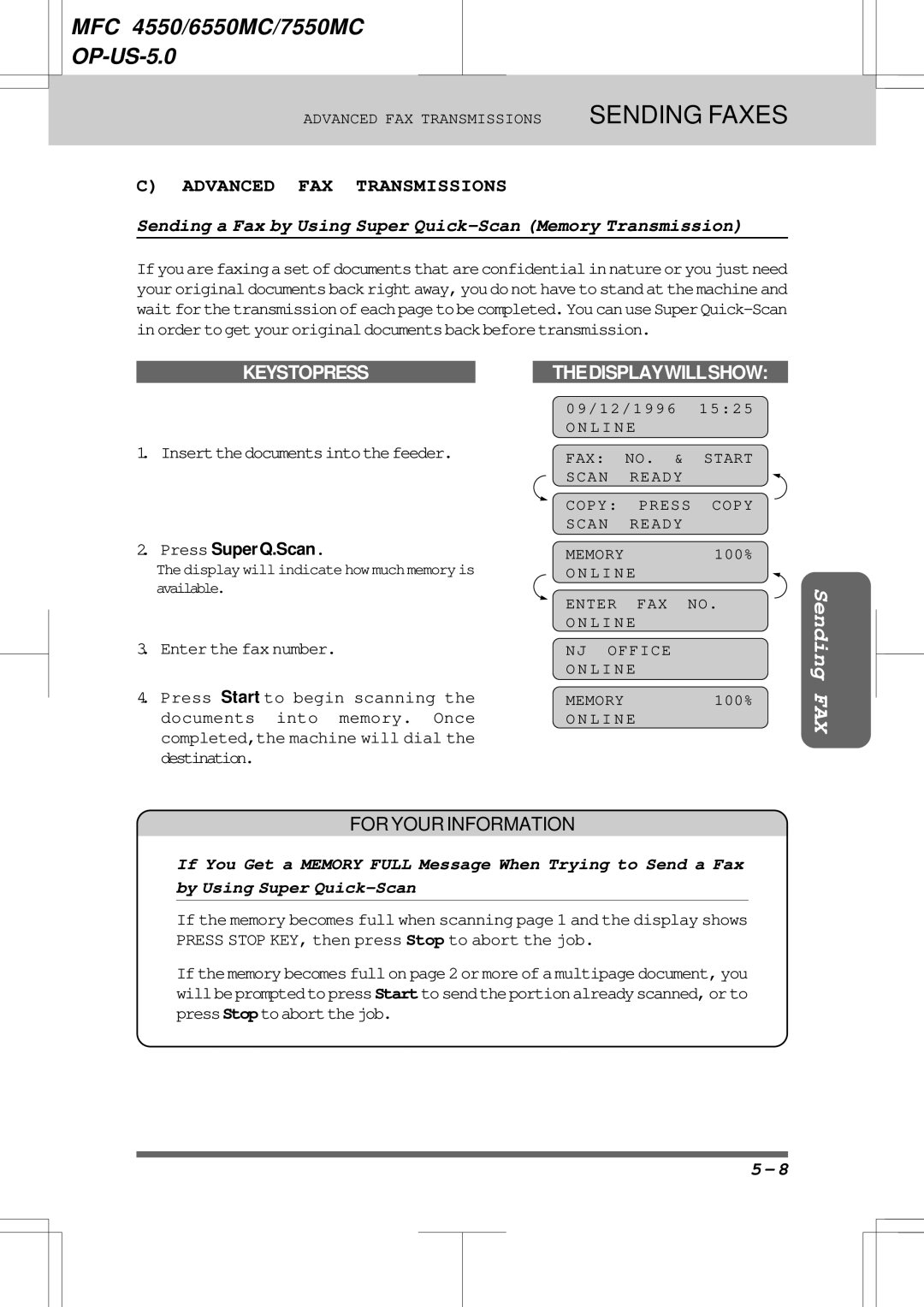 Brother 7550MC, 6550MC Sending a Fax by Using Super Quick-Scan Memory Transmission, Insertthedocumentsintothefeeder, 100% 