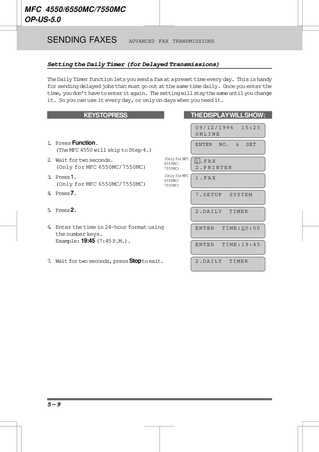 Brother 6550MC, 7550MC Setting the Daily Timer for Delayed Transmissions, Waitfortwoseconds,pressStoptoexit, Enter Time 0 