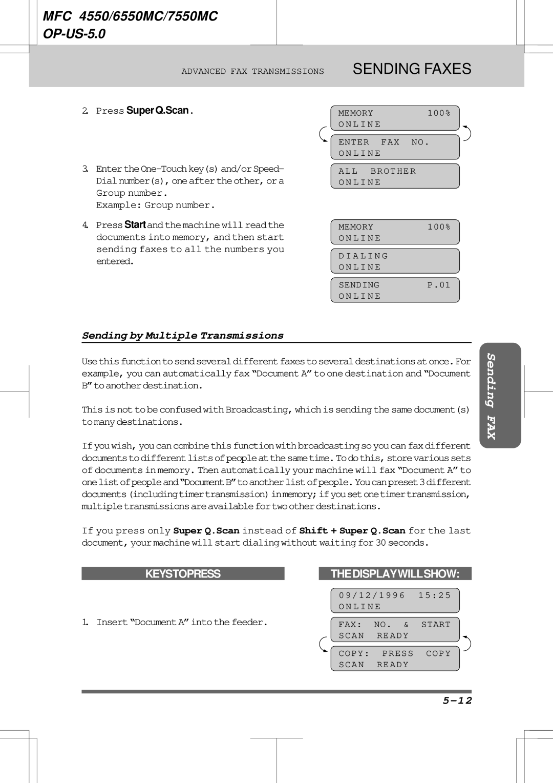 Brother 7550MC Sending Faxes, Sending by Multiple Transmissions, Example Group number, InsertDocumentAintothefeeder 