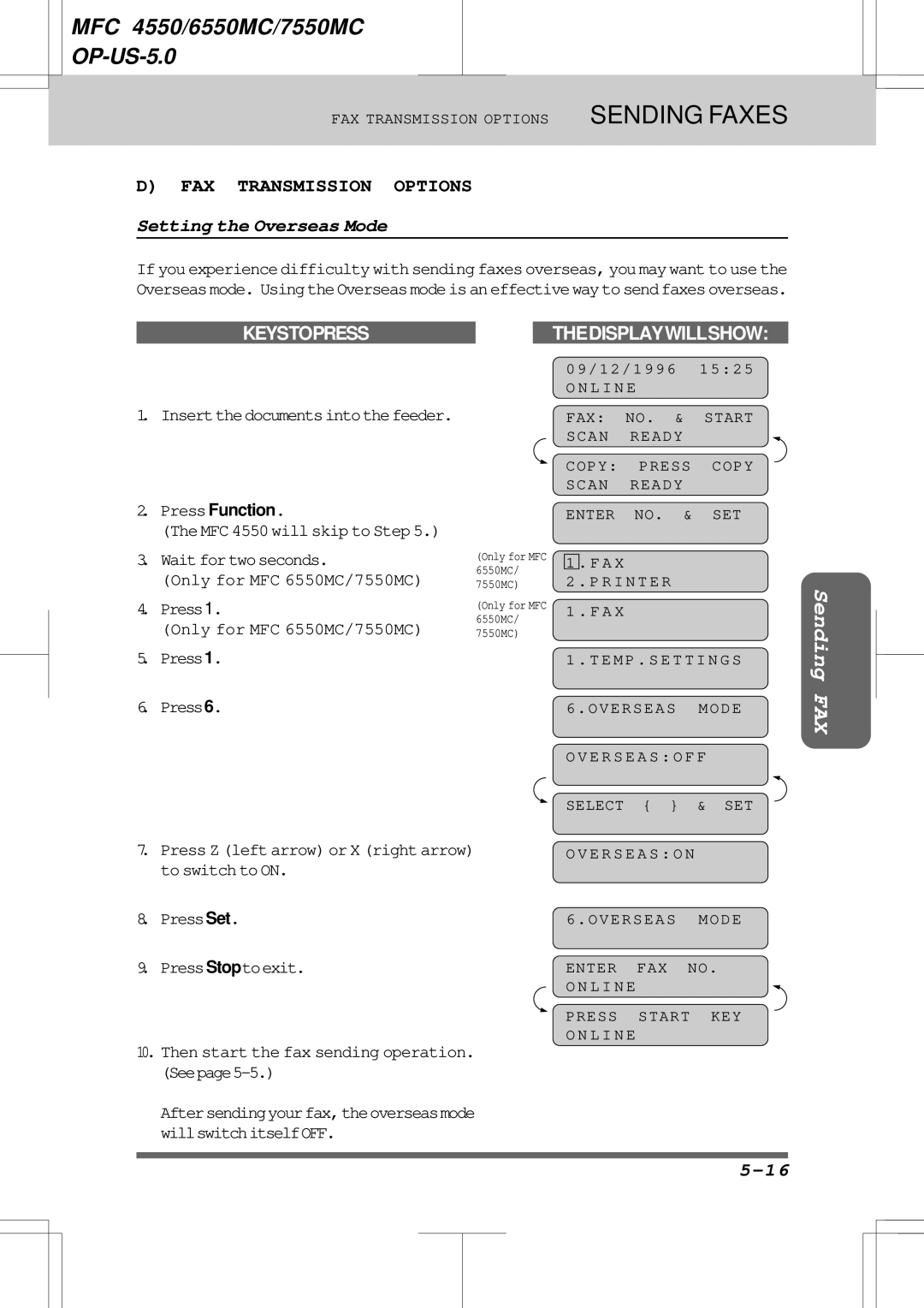 Brother 7550MC, 6550MC warranty Setting the Overseas Mode, E R S E a S O F F, E R S E a S O N 