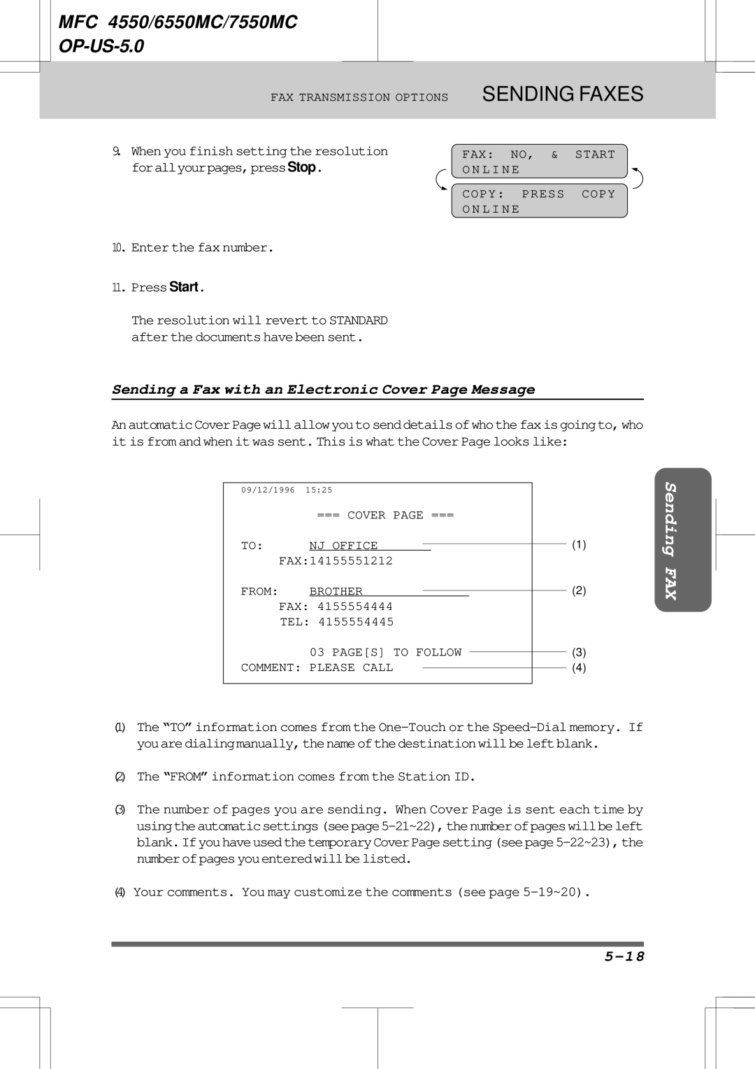 Brother 7550MC, 6550MC warranty Sending a Fax with an Electronic Cover Page Message, When you finish setting the resolution 