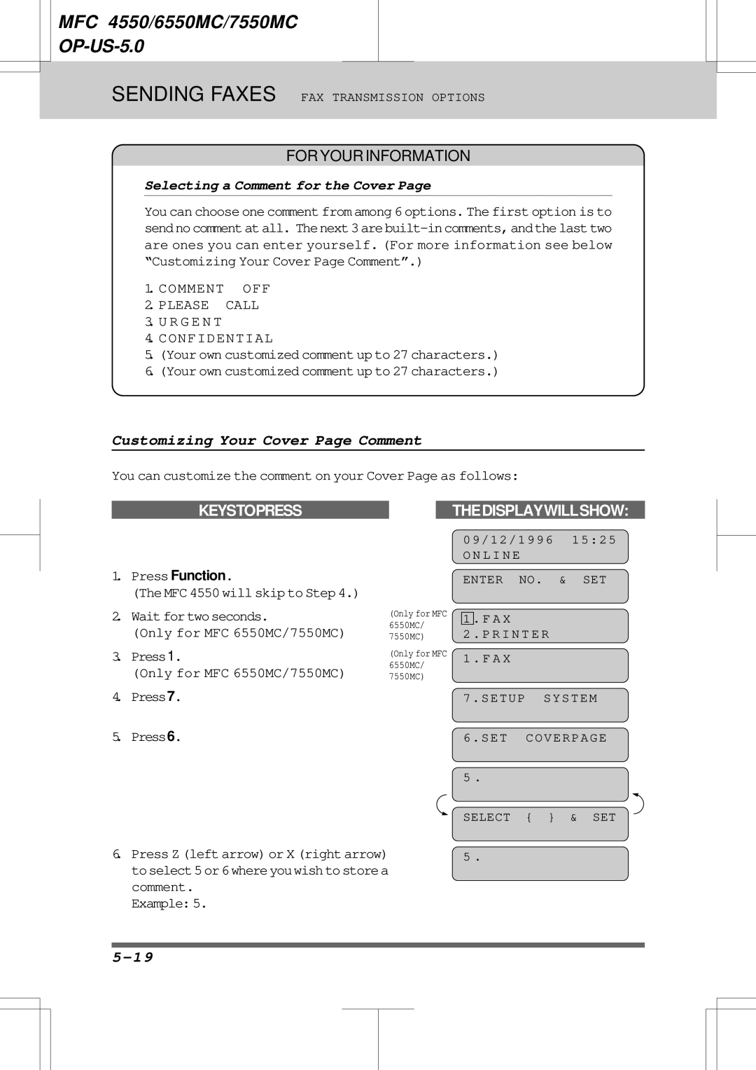 Brother 6550MC, 7550MC Customizing Your Cover Page Comment, Selecting a Comment for the Cover, Comment OFF Please Call 