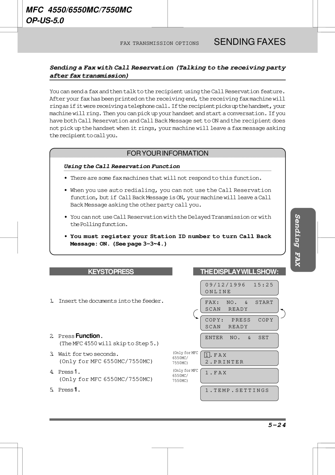 Brother warranty Using the Call Reservation Function, Waitfortwoseconds Only for MFC 6550MC/7550MC Press1 