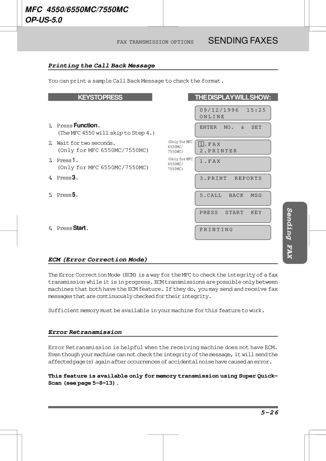 Brother 7550MC, 6550MC warranty Printing the Call Back Message, ECM Error Correction Mode, Error Retransmission 