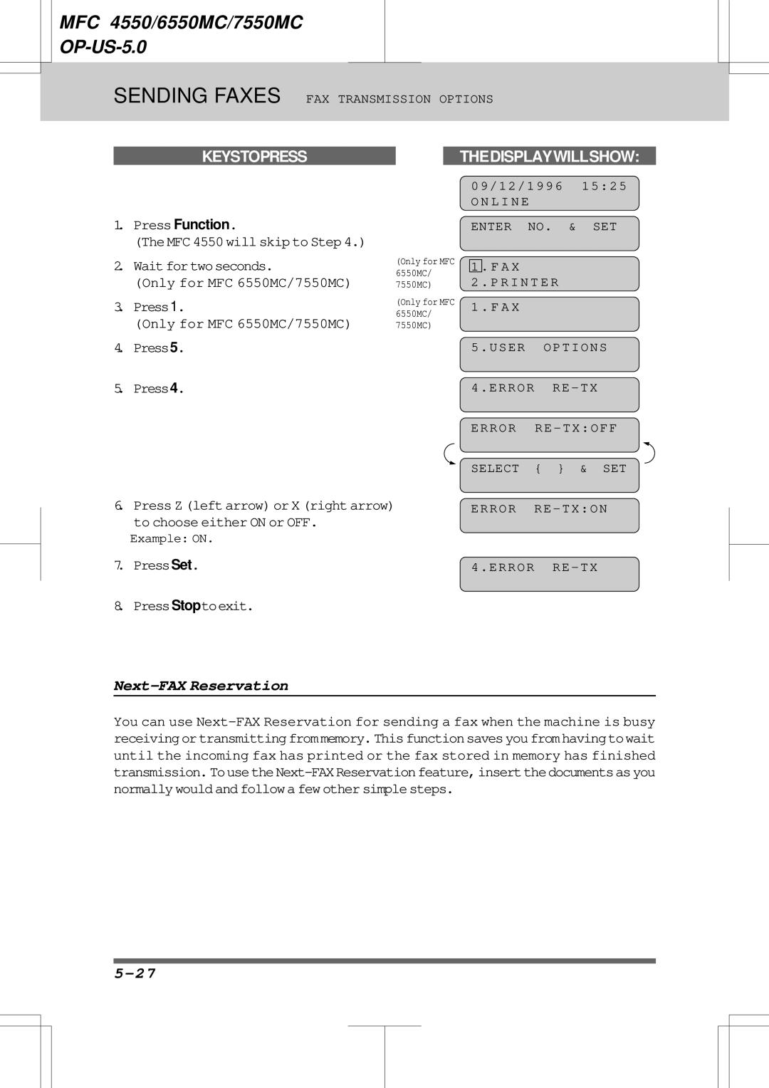 Brother 6550MC, 7550MC warranty Next-FAX Reservation, Press5 Press4, Example on 09/12/1996 