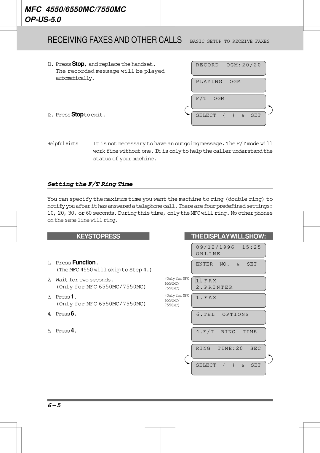 Brother 6550MC, 7550MC warranty Setting the F/T Ring Time, Press Function 