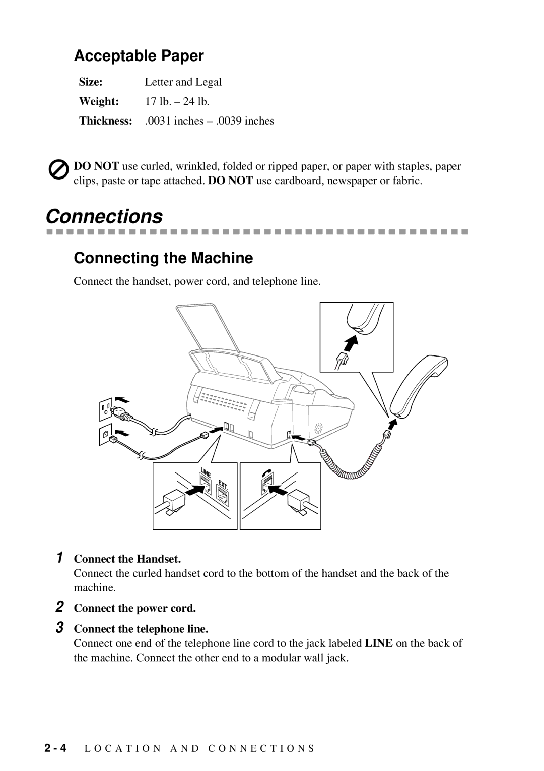 Brother 660MC, 580MC owner manual Connections, Acceptable Paper, Connecting the Machine 