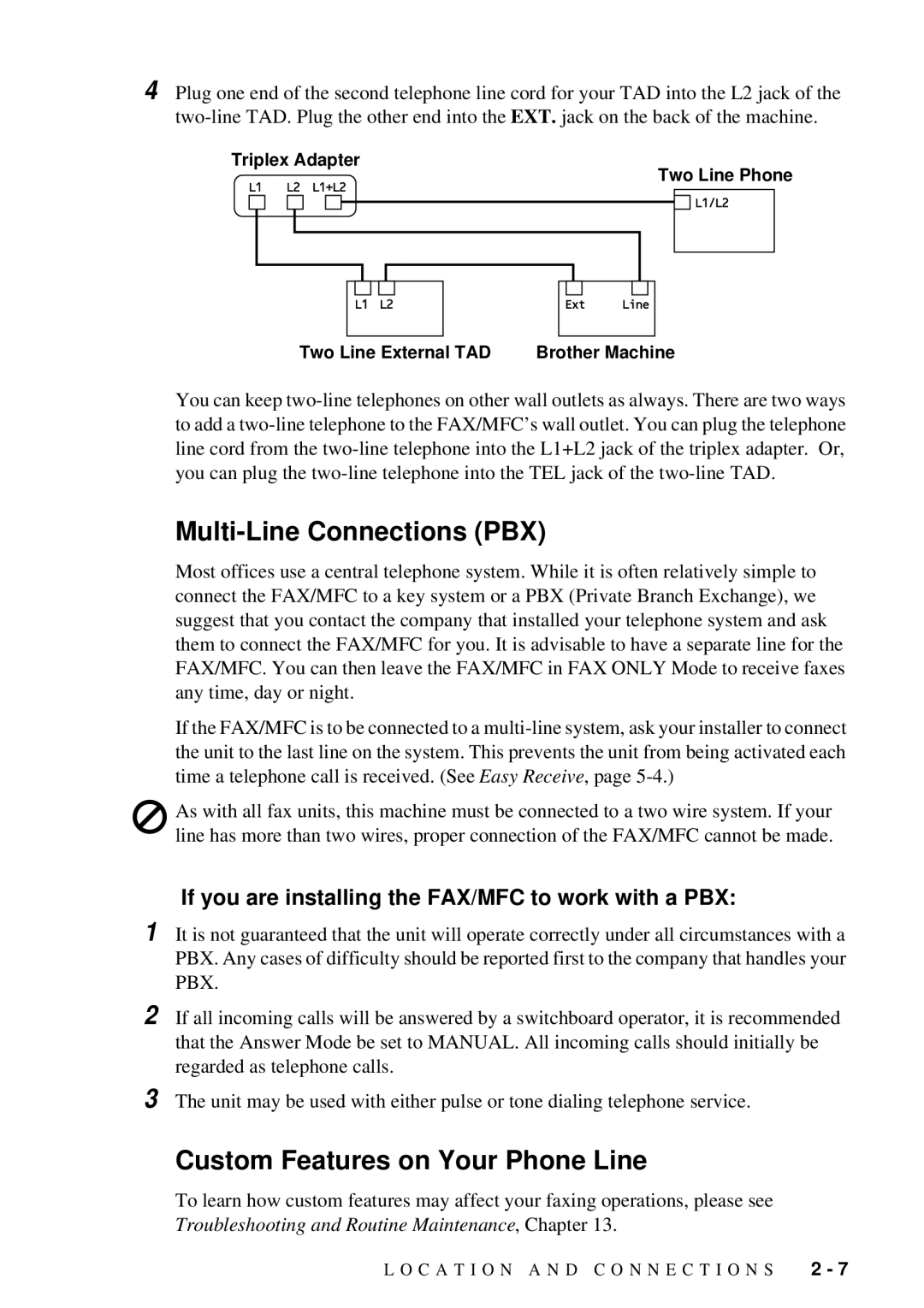 Brother 580MC, 660MC owner manual Multi-Line Connections PBX, Custom Features on Your Phone Line 