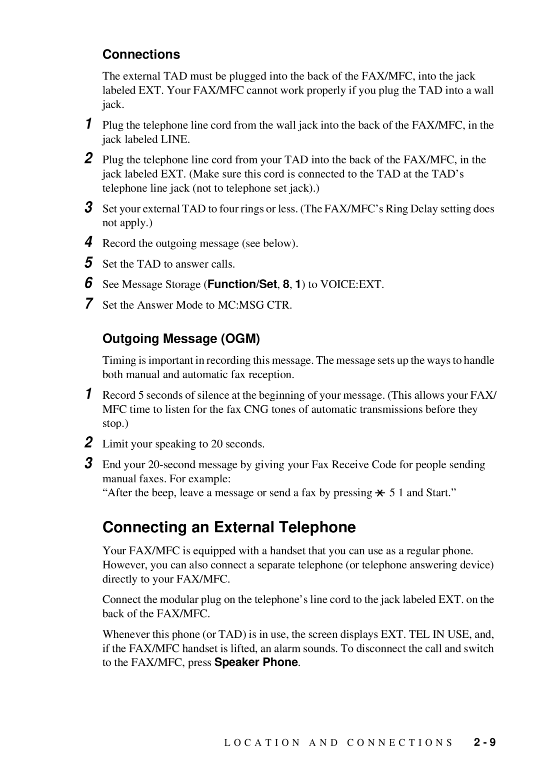 Brother 580MC, 660MC owner manual Connecting an External Telephone, Connections, Outgoing Message OGM 