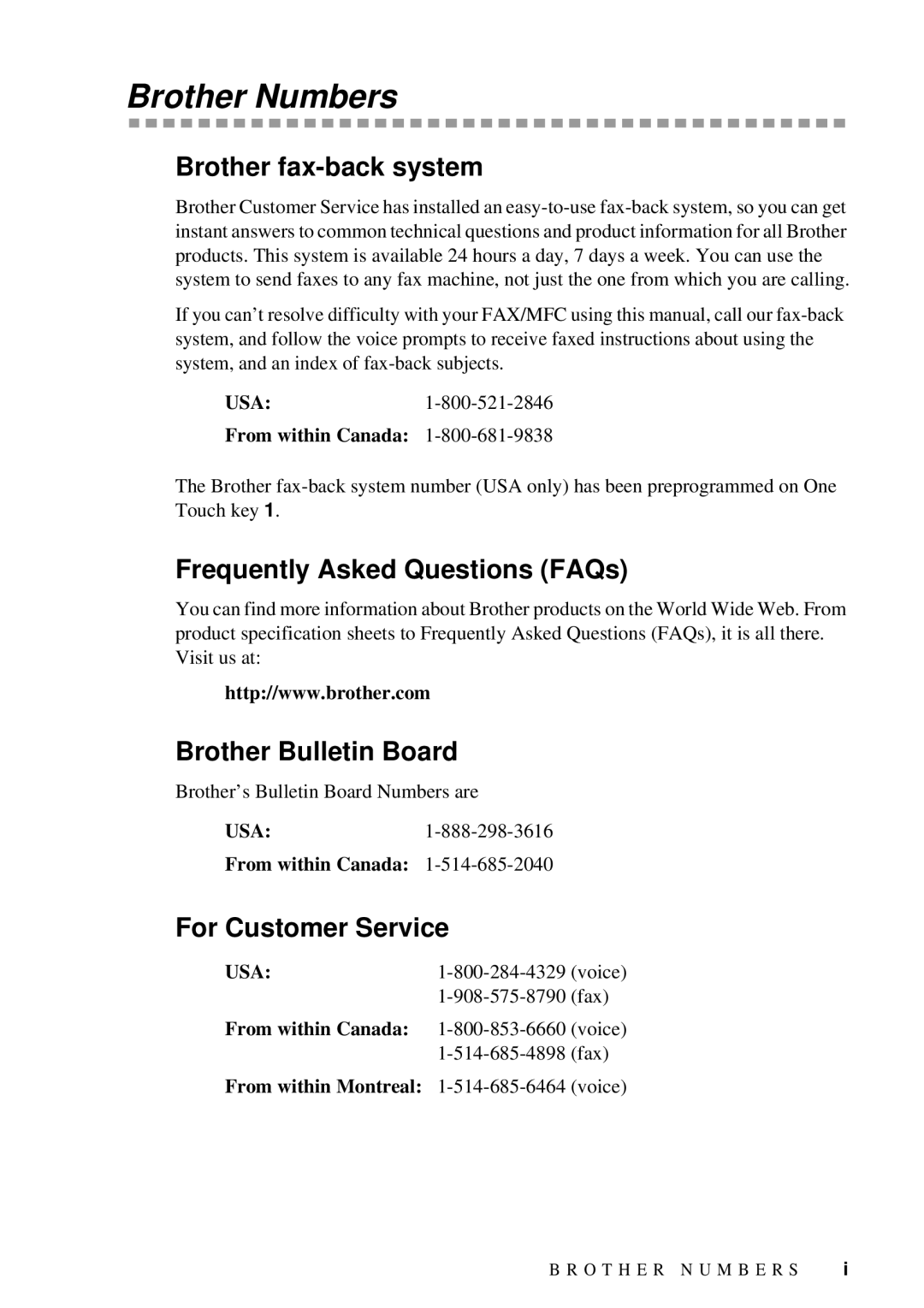 Brother 580MC, 660MC Brother Numbers, Brother fax-back system, Frequently Asked Questions FAQs, Brother Bulletin Board 