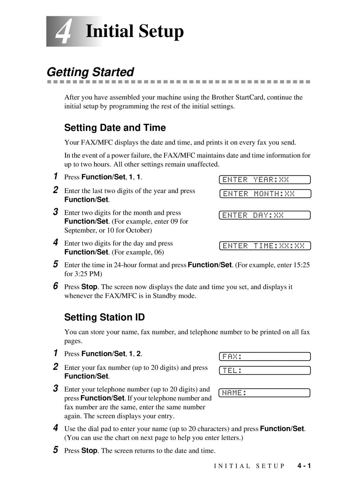 Brother 580MC, 660MC owner manual 4Initial Setup, Getting Started, Setting Date and Time, Setting Station ID 