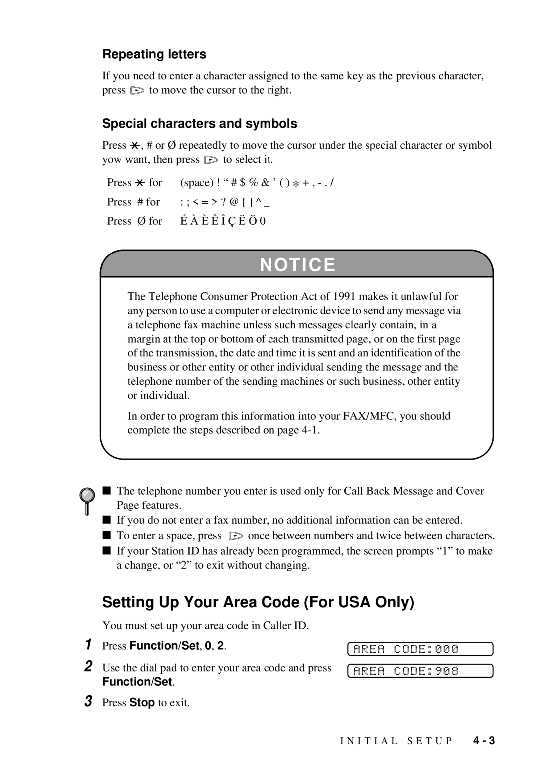 Brother 580MC, 660MC owner manual Setting Up Your Area Code For USA Only, Repeating letters, Special characters and symbols 