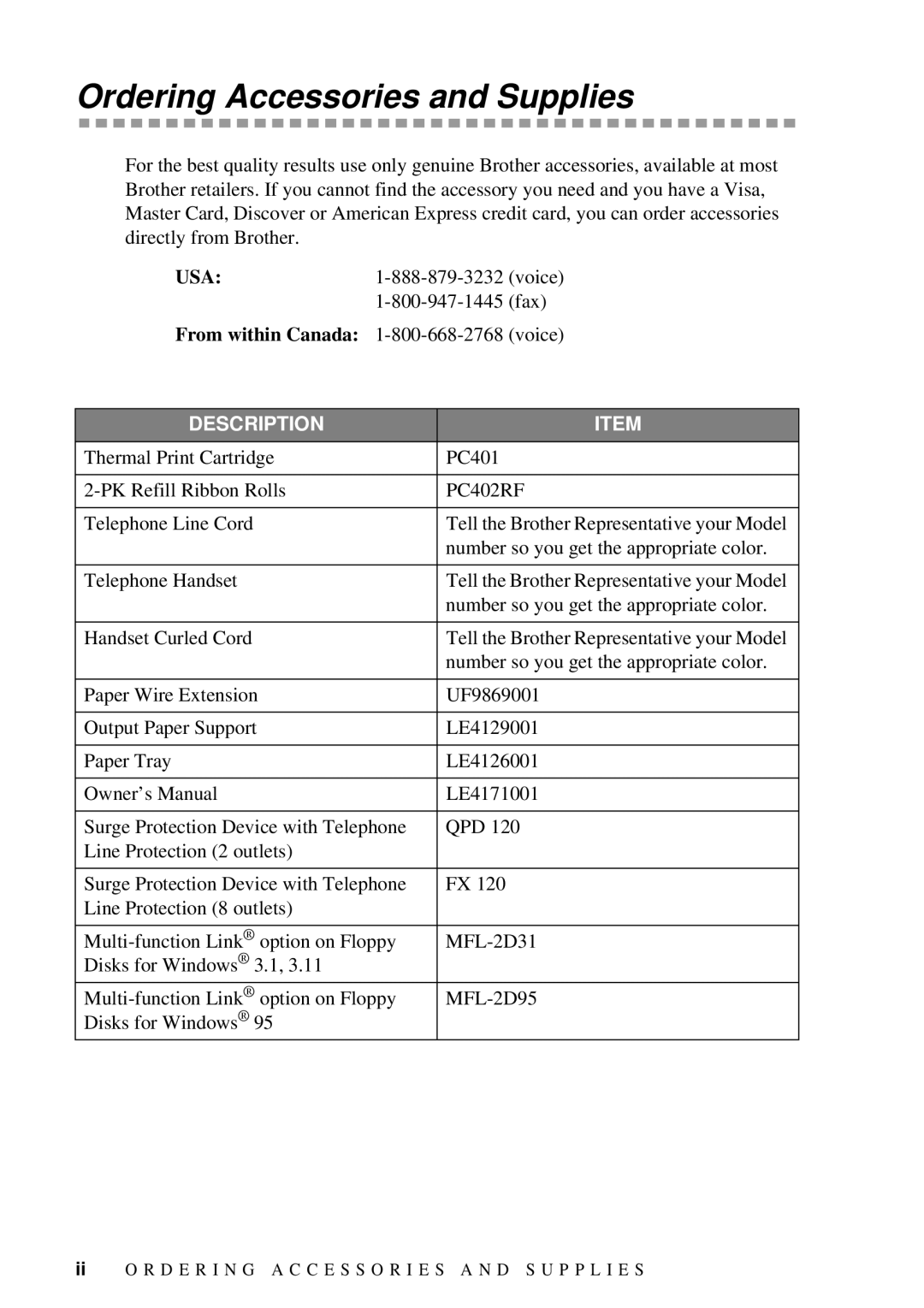 Brother 660MC, 580MC owner manual Ordering Accessories and Supplies, PC402RF 