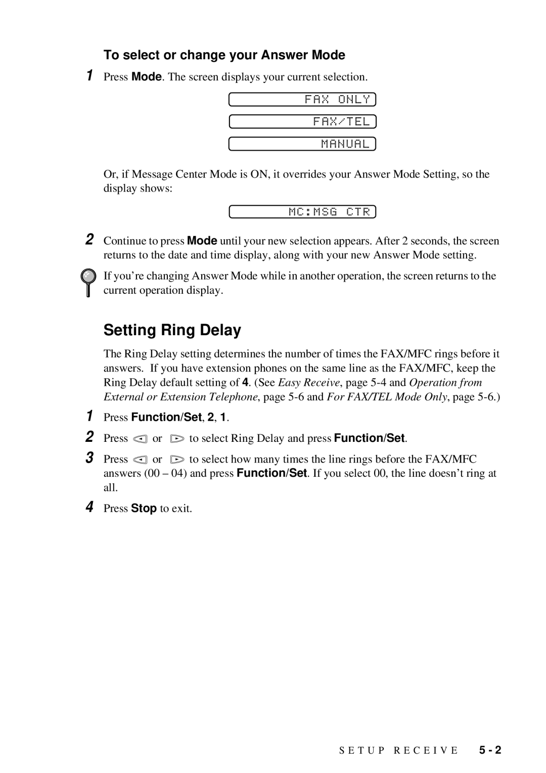 Brother 580MC, 660MC Setting Ring Delay, To select or change your Answer Mode, FAX only FAX/TEL Manual, Mcmsg CTR 