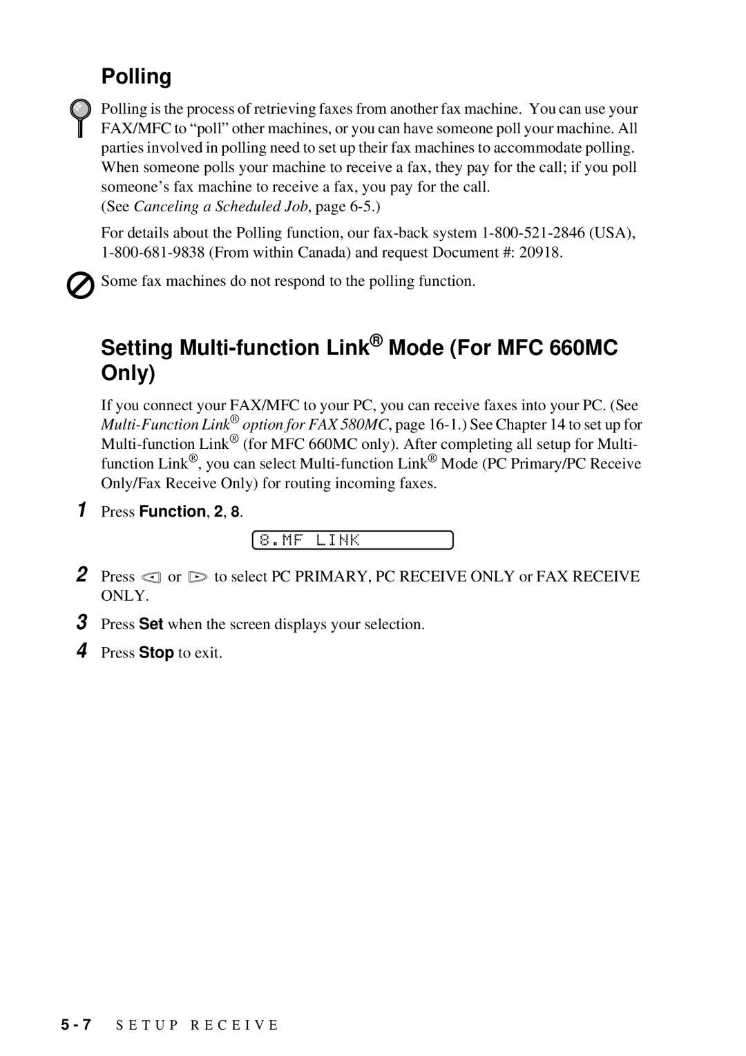 Brother 580MC owner manual Polling, Setting Multi-function Link Mode For MFC 660MC Only, MF Link 