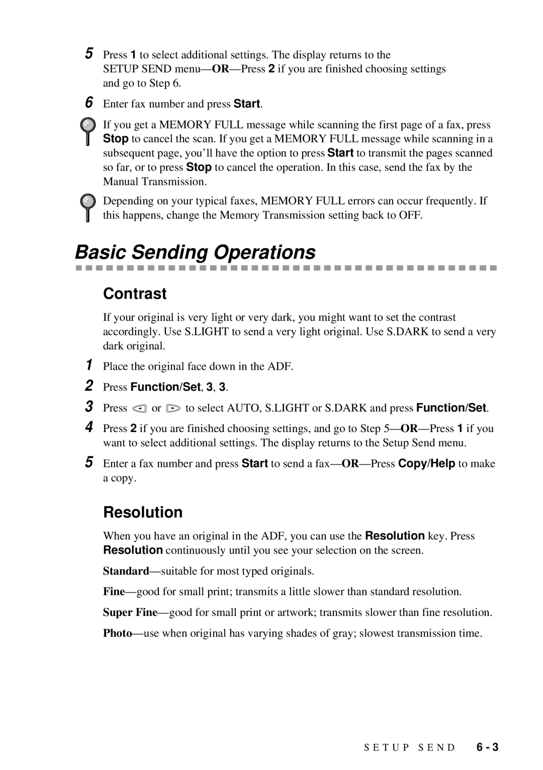 Brother 580MC, 660MC owner manual Basic Sending Operations, Contrast, Resolution, Press Function/Set , 3, Copy/Help to make 