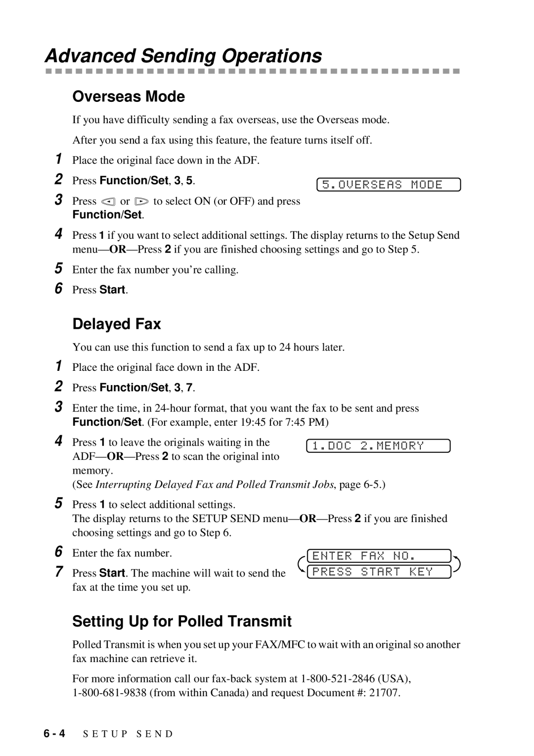 Brother 660MC, 580MC owner manual Advanced Sending Operations, Overseas Mode, Delayed Fax, Setting Up for Polled Transmit 