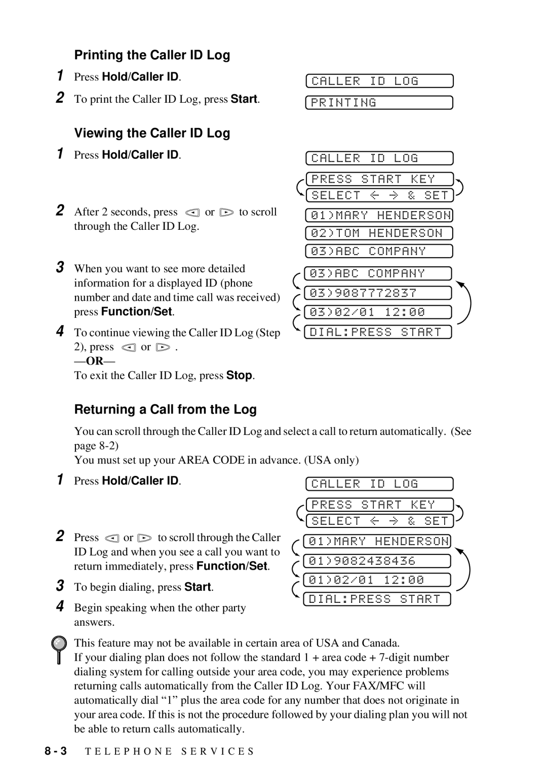 Brother 660MC, 580MC Printing the Caller ID Log, Viewing the Caller ID Log, Dialpress Start, Returning a Call from the Log 