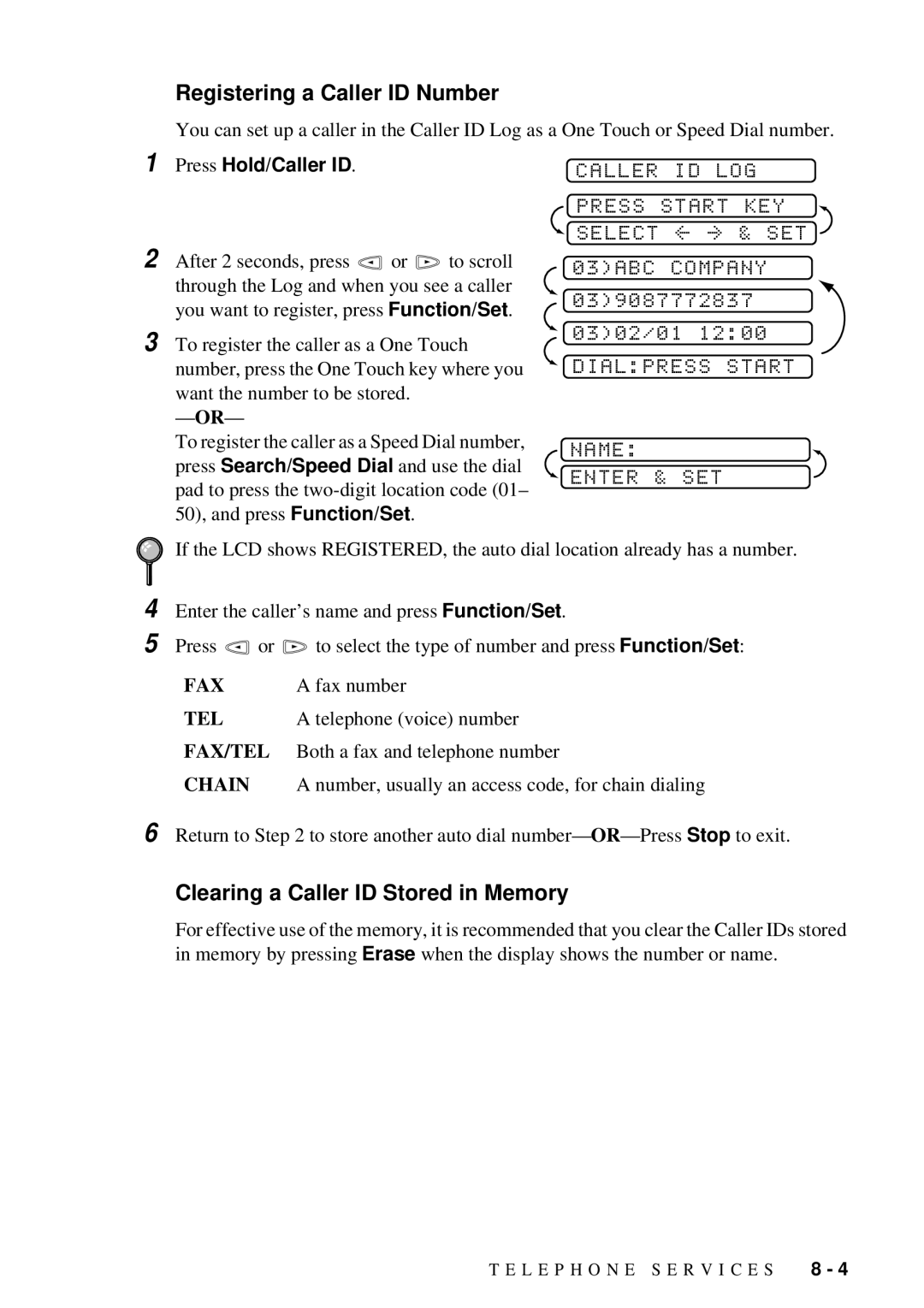 Brother 580MC, 660MC owner manual Registering a Caller ID Number, Caller ID LOG Press Start KEY, Company 