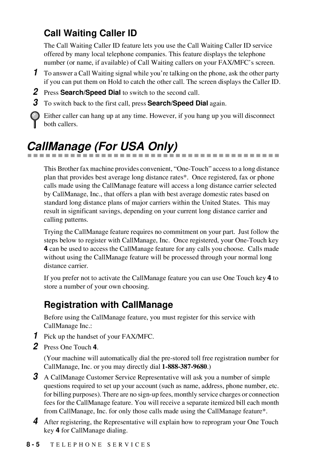 Brother 660MC, 580MC owner manual CallManage For USA Only, Call Waiting Caller ID, Registration with CallManage 