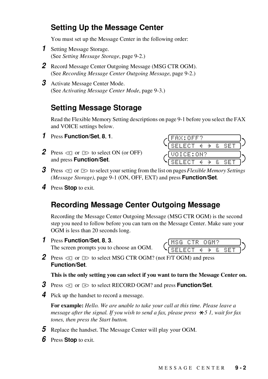 Brother 580MC, 660MC Setting Up the Message Center, Setting Message Storage, Recording Message Center Outgoing Message 