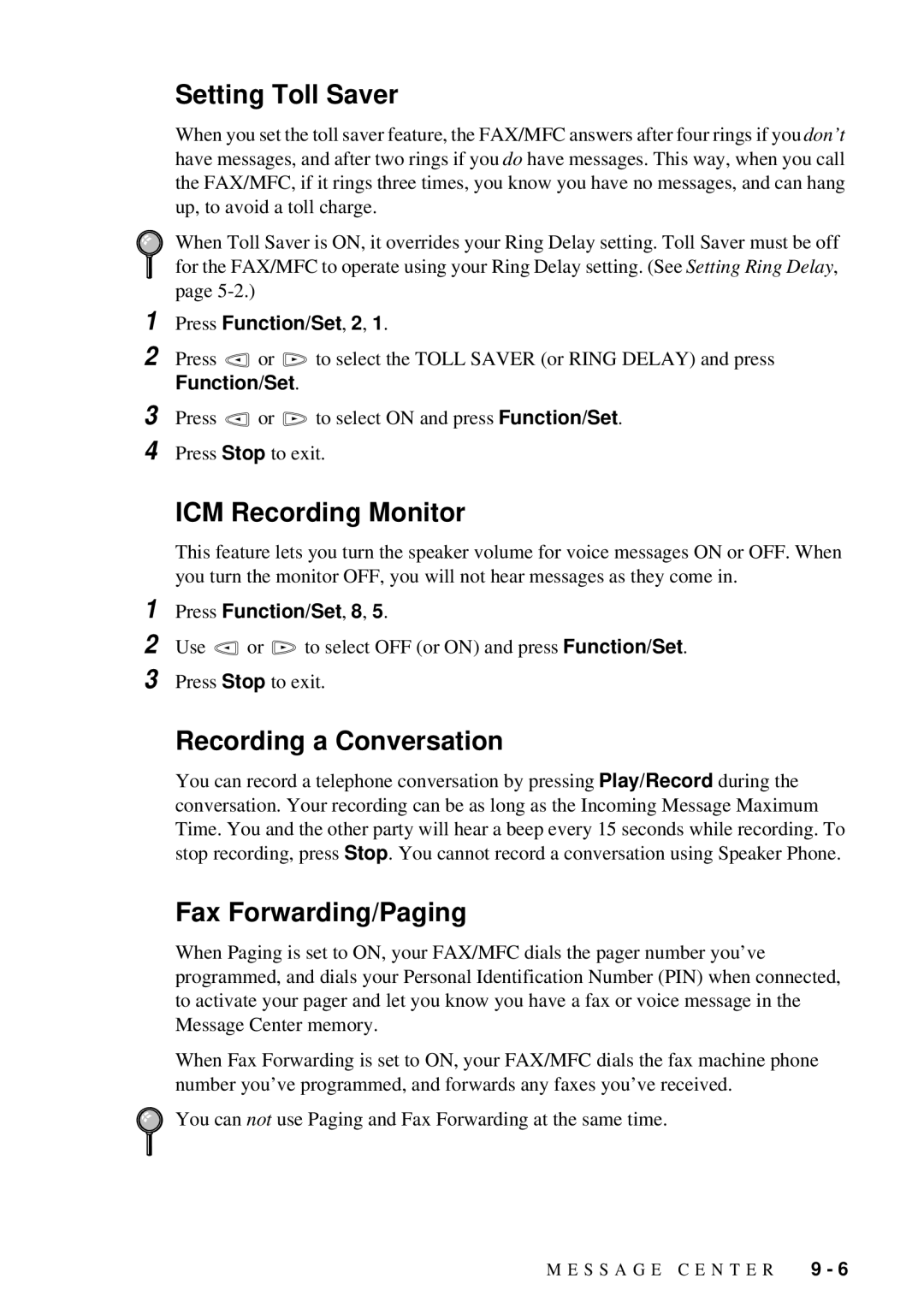 Brother 580MC, 660MC owner manual Setting Toll Saver, ICM Recording Monitor, Recording a Conversation, Fax Forwarding/Paging 