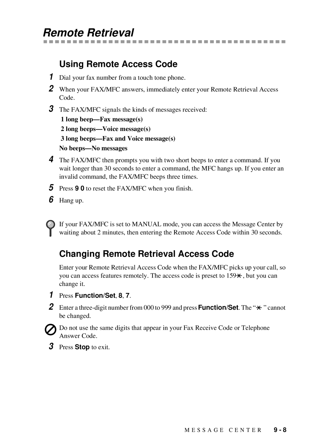 Brother 580MC, 660MC owner manual Press 9 0 to reset the FAX/MFC when you finish 