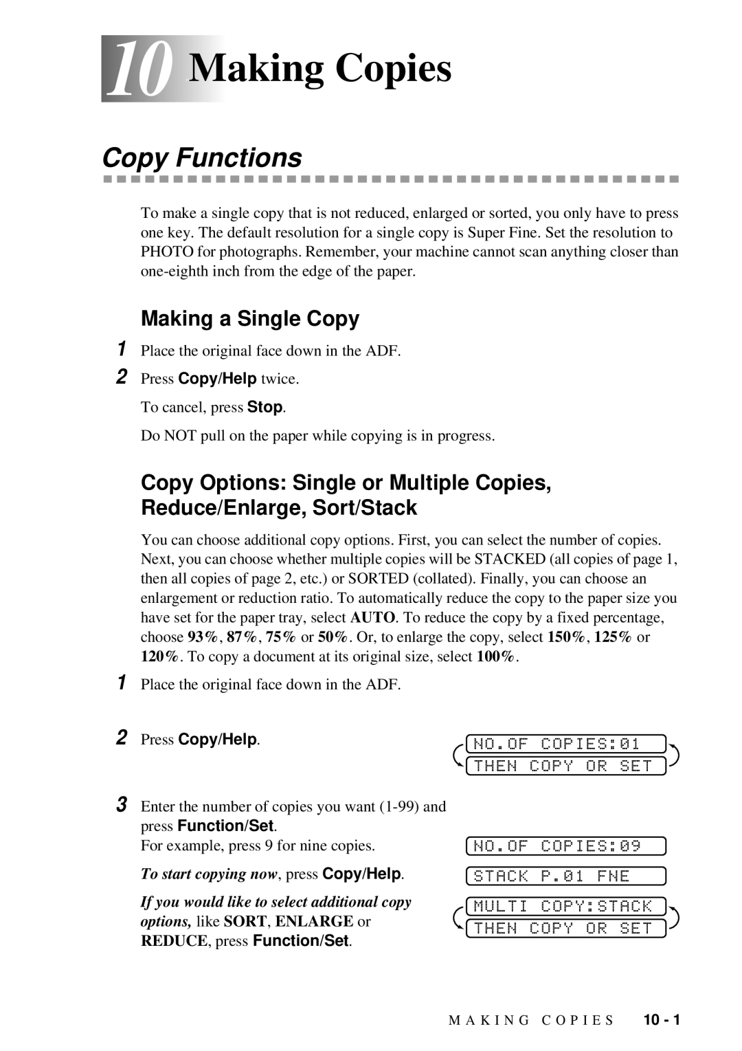 Brother 580MC 10 10Making Copies, Copy Functions, Making a Single Copy, NO.OF COPIES01 Then Copy or SET, Press Copy/Help 